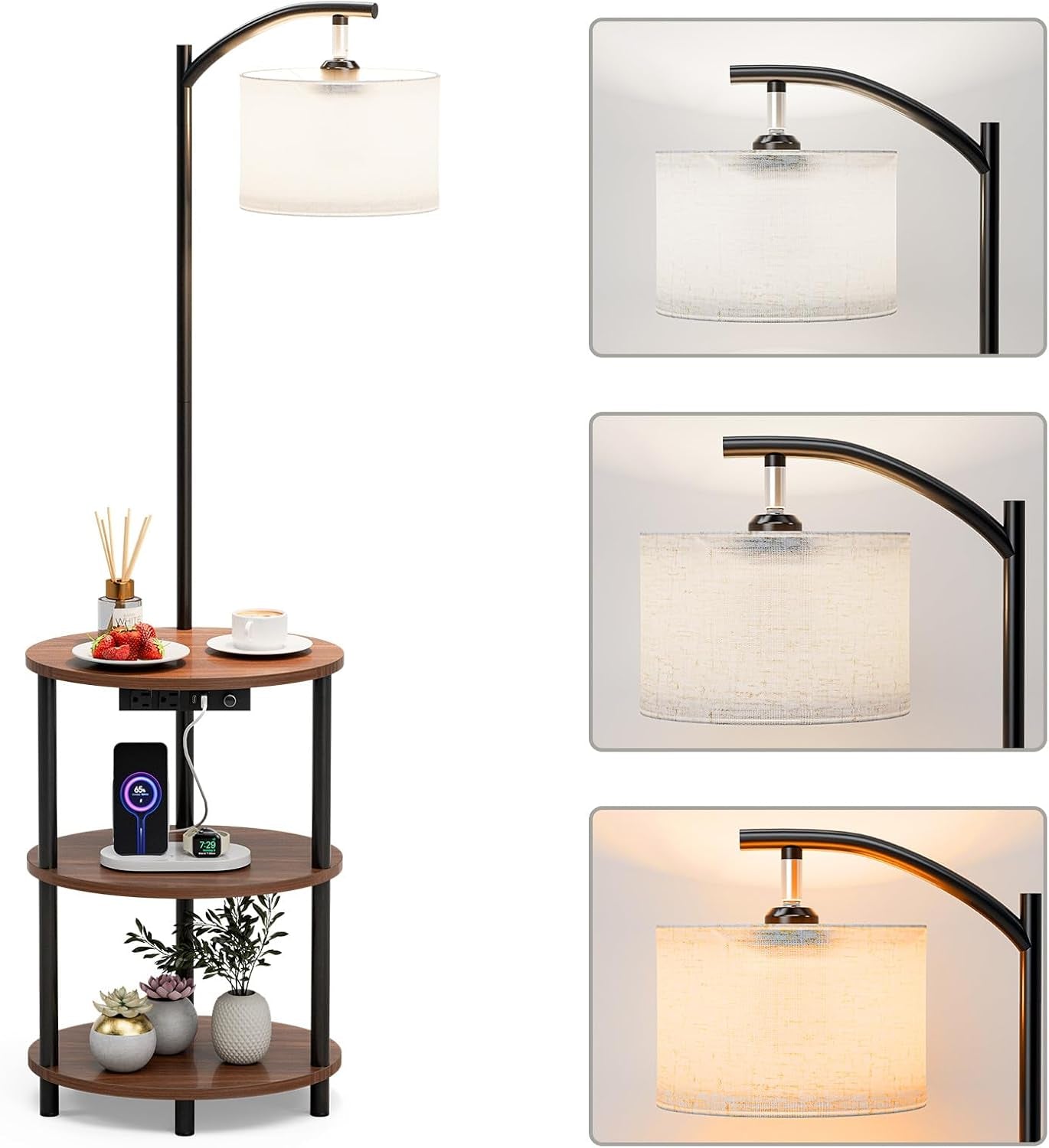 Three-tier round table with wood finish and black legs next to arched lamp and three close-up lamp views