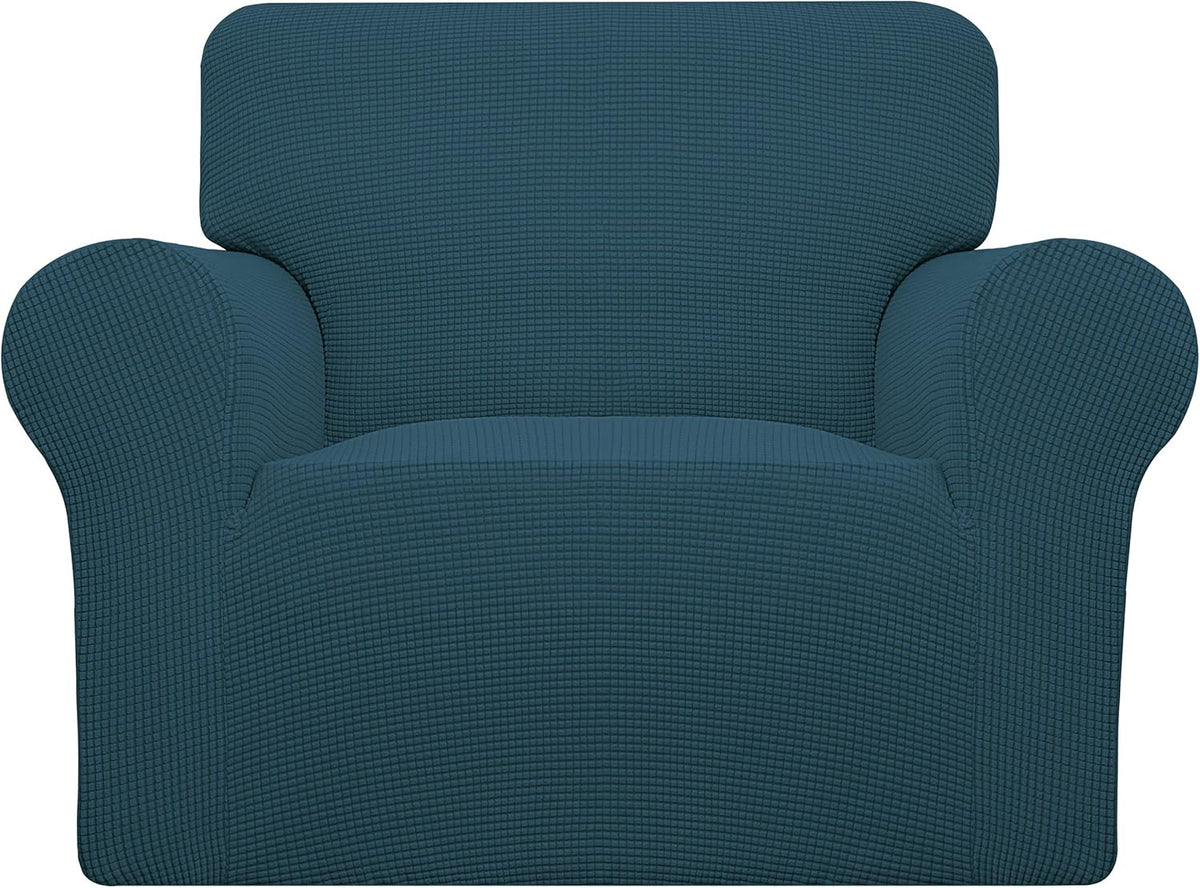 Front view of a two-cushion loveseat covered in a teal textured waffle-knit slipcover