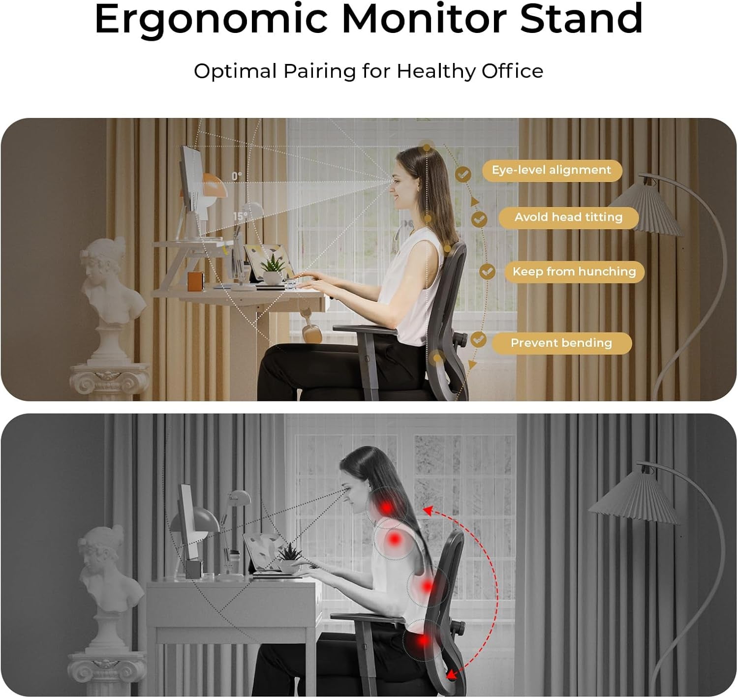 Side-by-side panels showing a seated woman using a raised monitor shelf with posture alignment guides