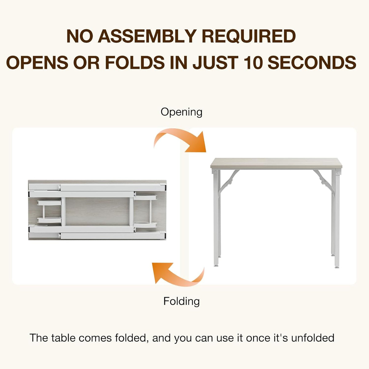 Graphic showing the desk folding flat and then opening to a standing table in two steps