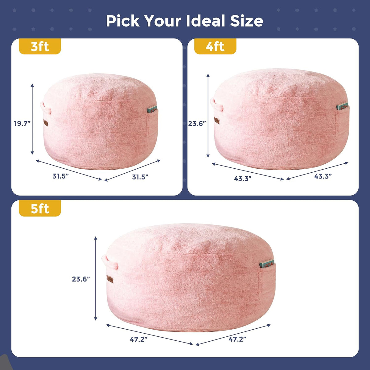 Size diagram showing 3ft and 4ft bean bag dimensions in inches with arrows and labels
