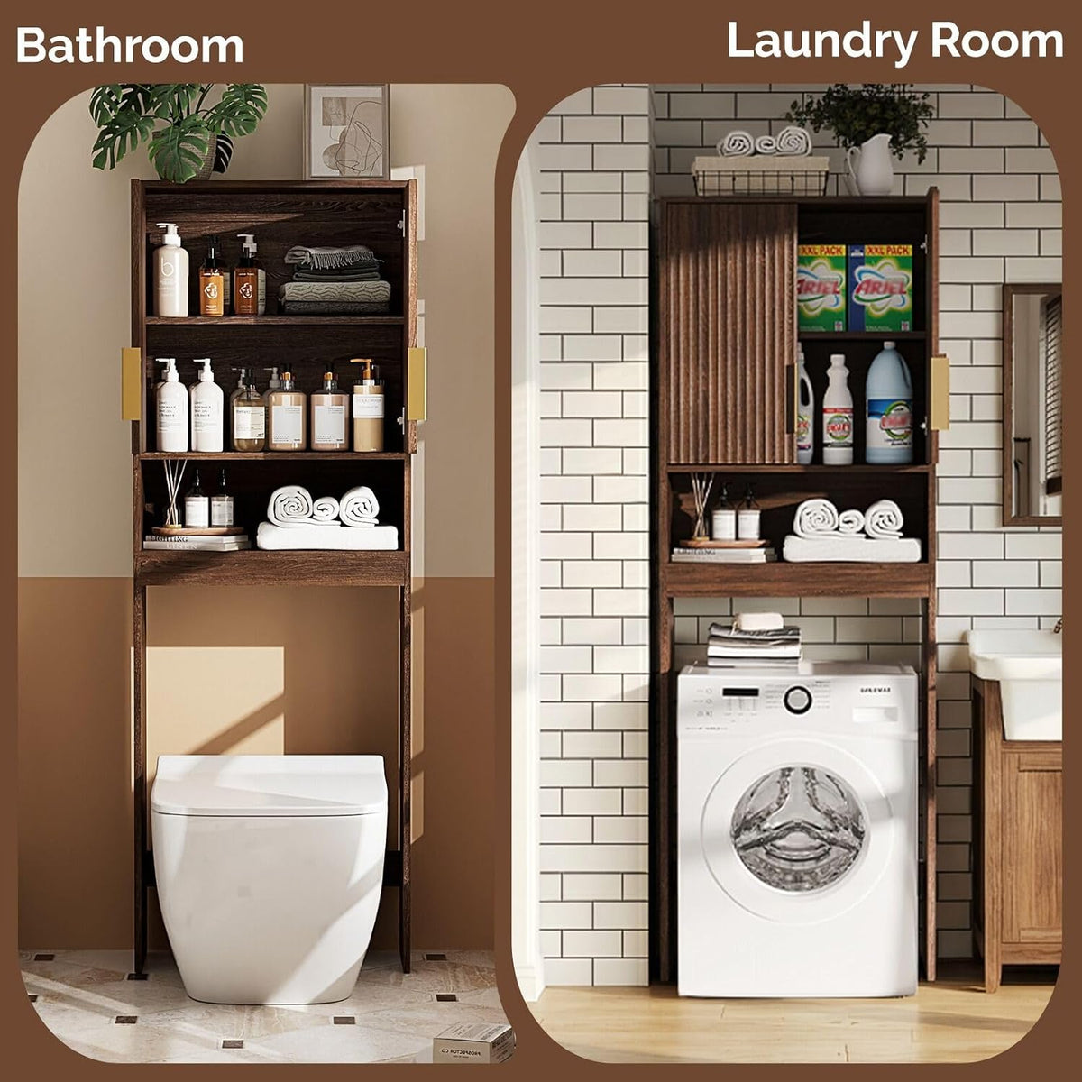 Two-panel display of the cabinet installed over a toilet and over a washer to show bathroom and laundry room use in dark wood