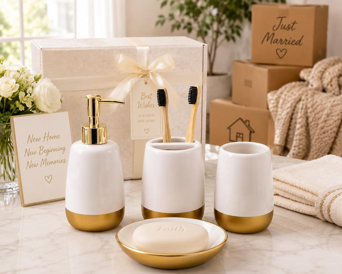 White ceramic set with gold accents staged beside a gift box and moving boxes on a countertop