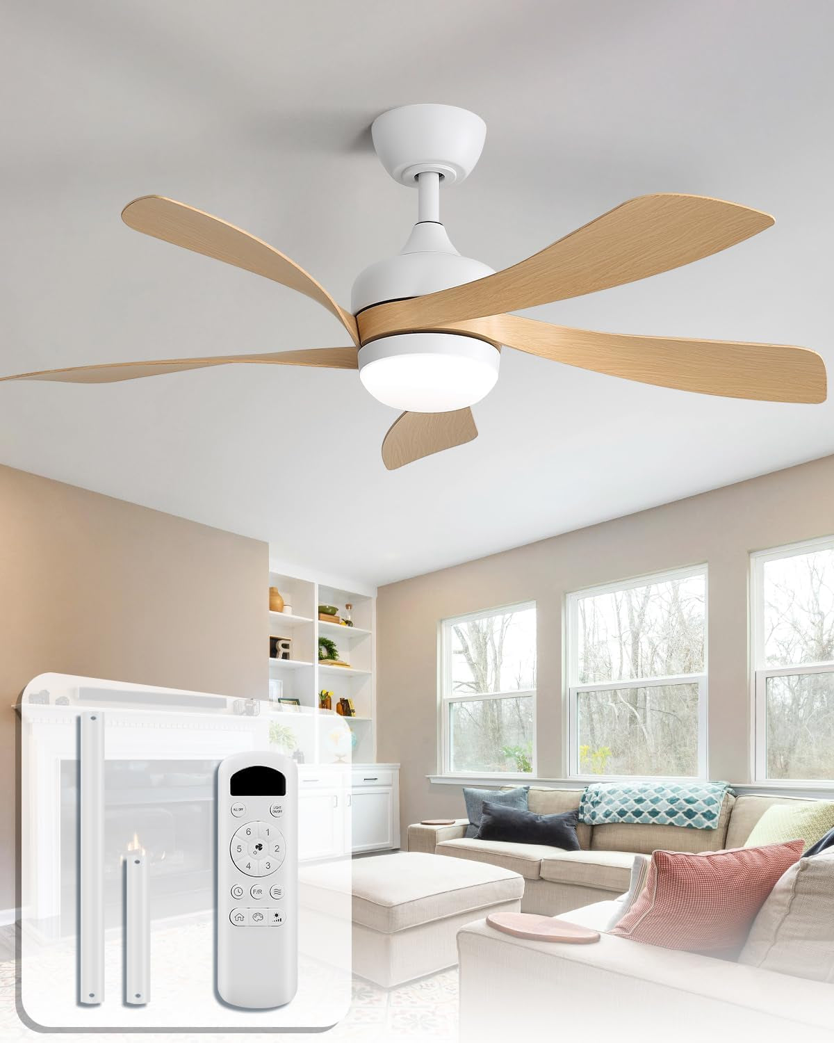 Brown wood-look five-blade ceiling fan with white motor and lit dome in a living room, remote shown inset