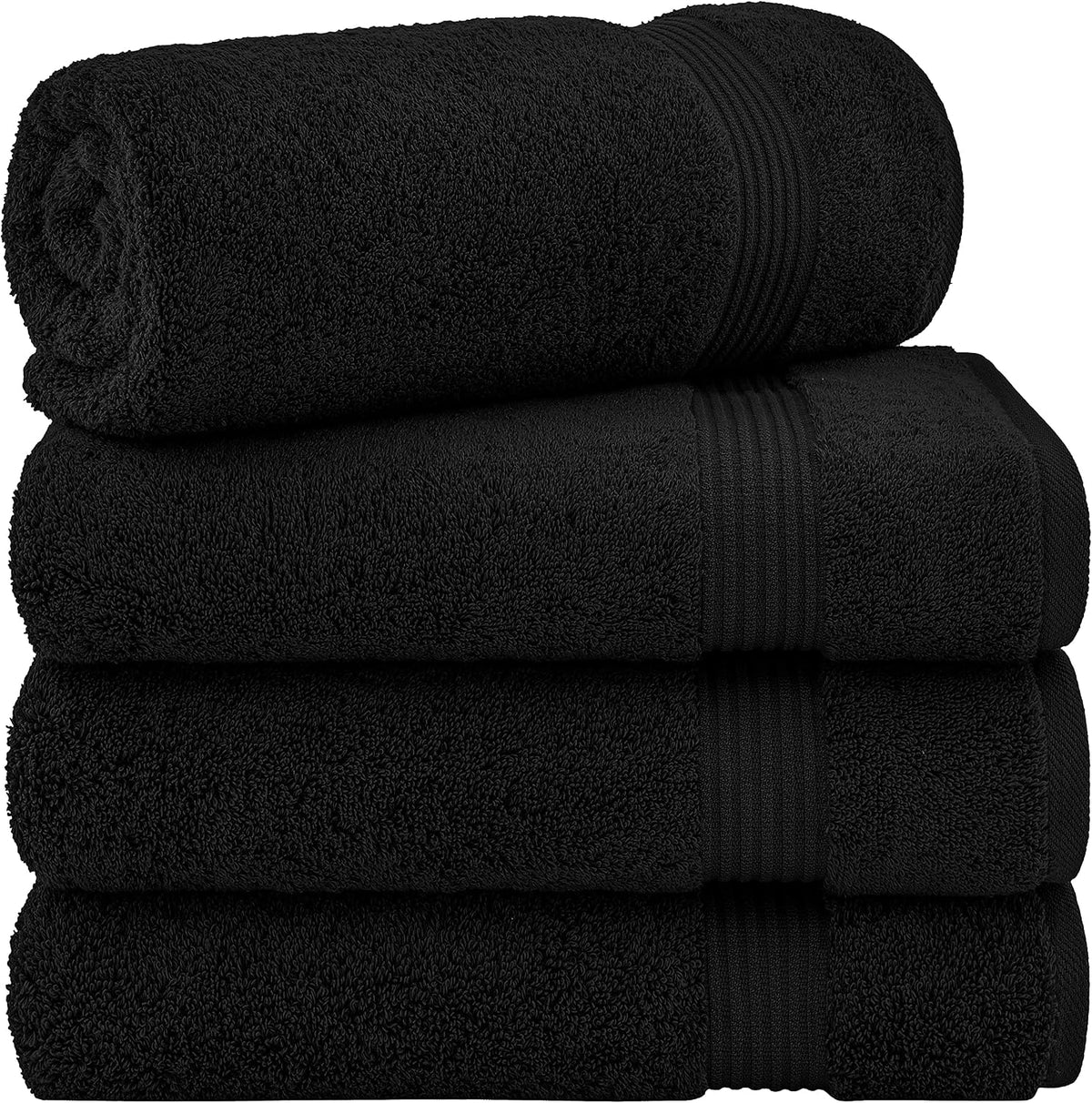 Three black bath towels stacked with a rolled towel placed on top, ribbed bands visible