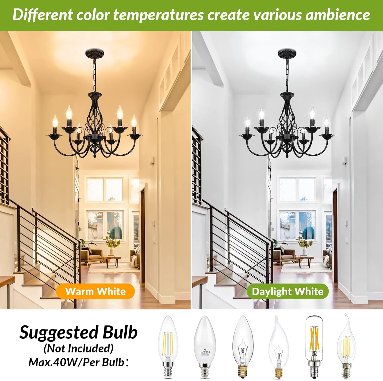 Split scene showing warm white and daylight white chandelier lighting with suggested E12 bulb types below