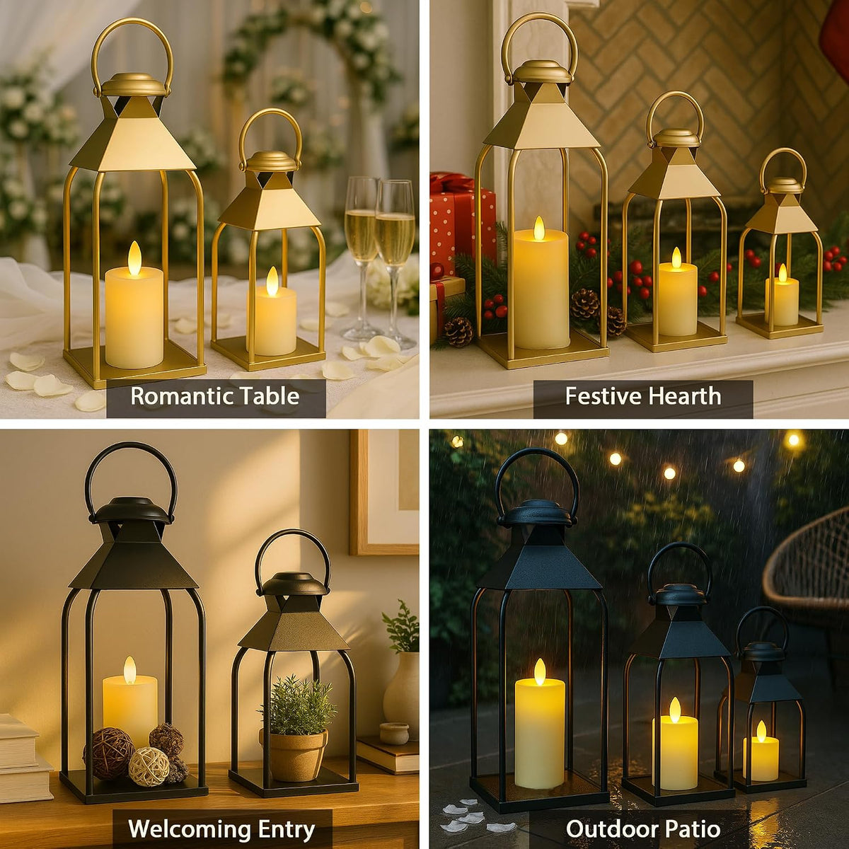 Antique gold metal lanterns in two sizes styled on a table and mantel with warm LED candles