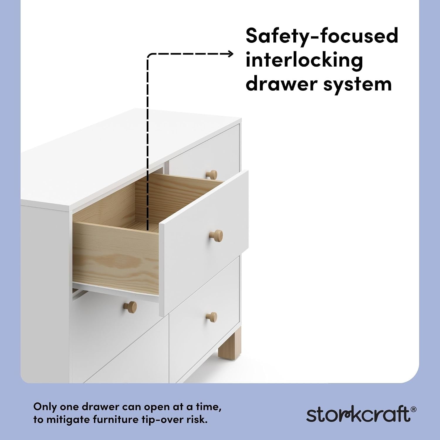 Close angled view of an open drawer showing the interlocking safety mechanism inside.