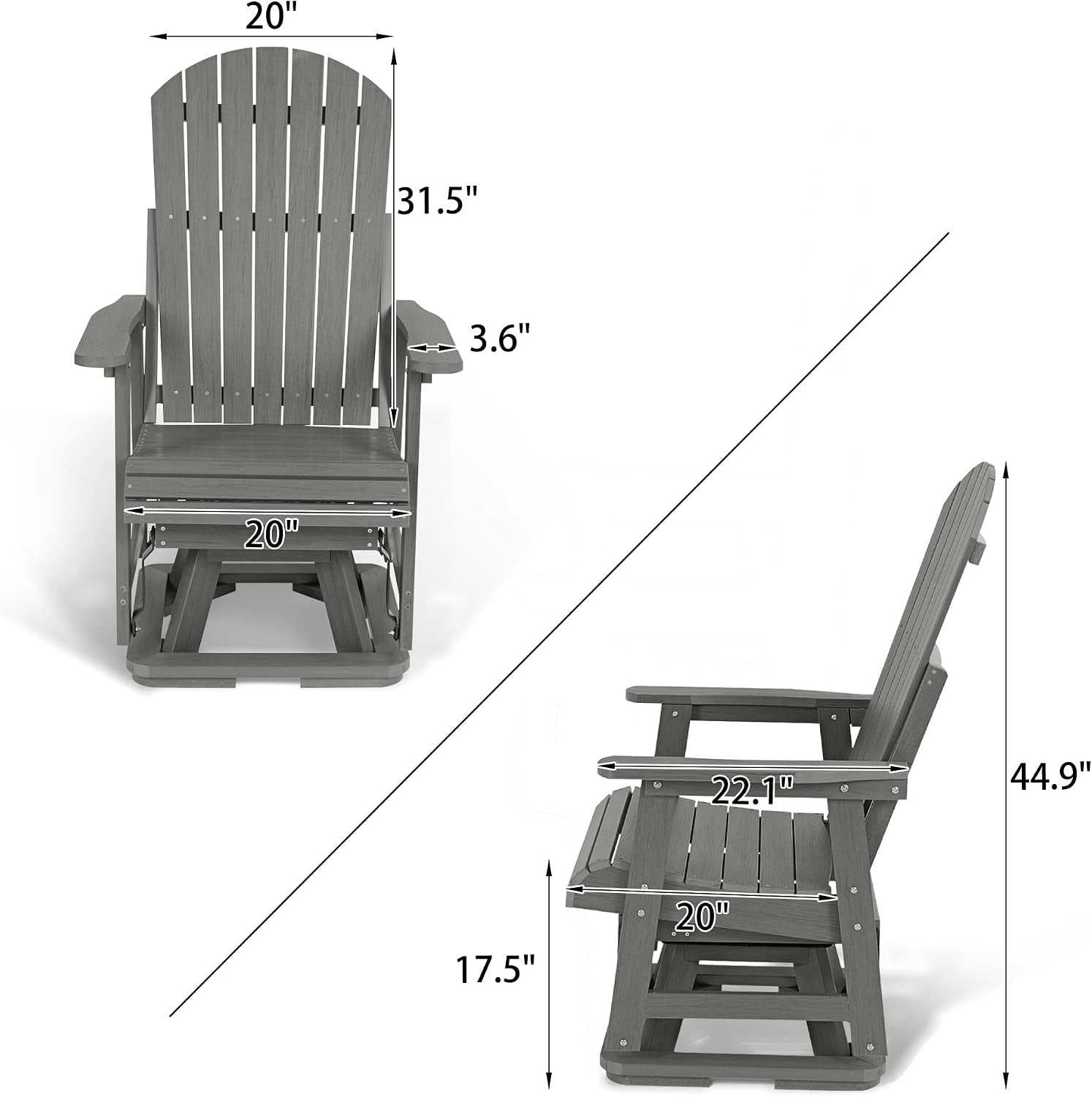 Front and side diagram of the patio glider chair showing seat and back profiles with measurement arrows
