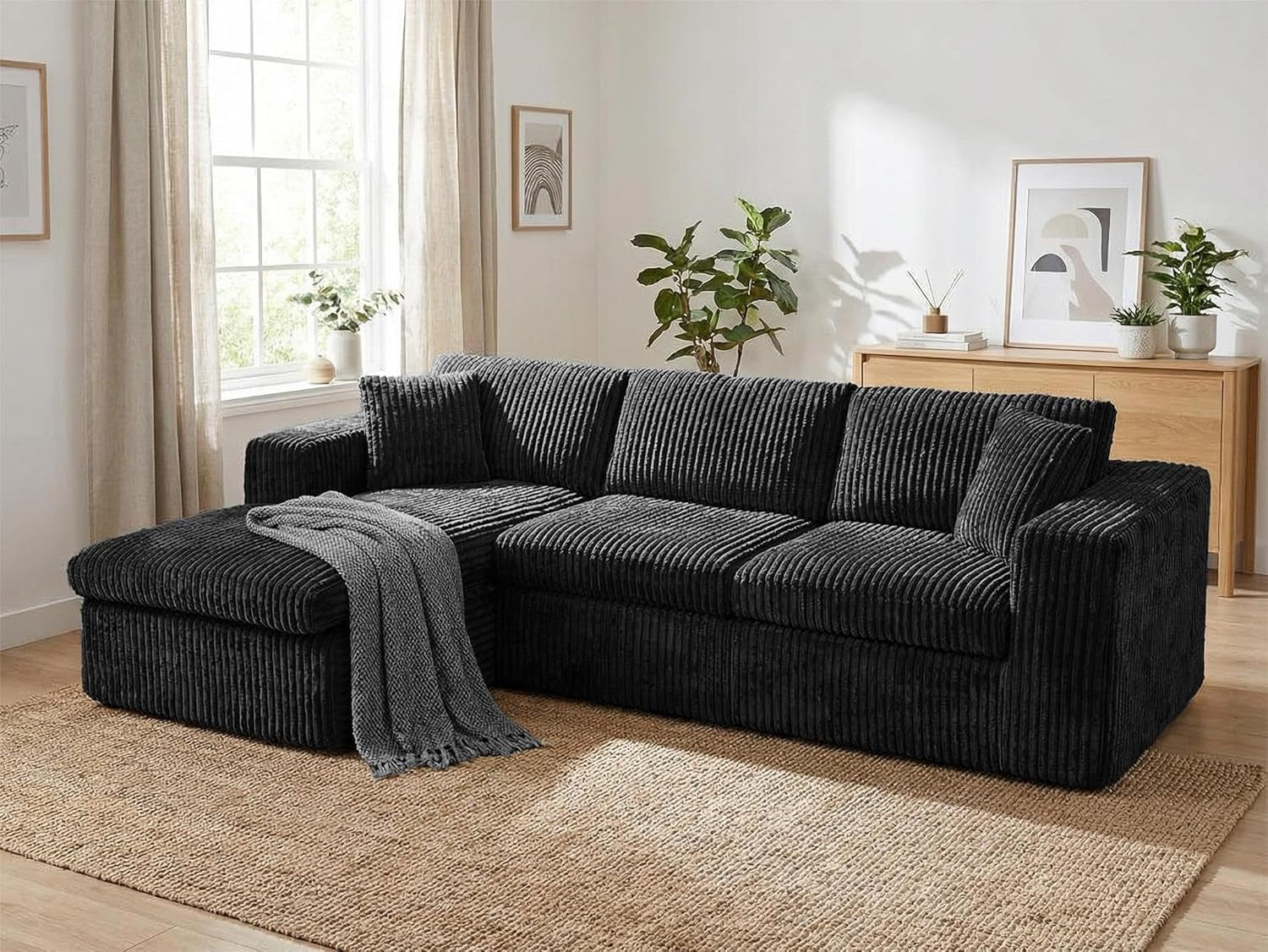 105" Boneless Couches for Living Room, Sectional Couches Modular Sofa with L-Shaped Chaise, Memory Foam Comfy Cloud Couch with Plush Corduroy Fabric, No Assembly Required, Black