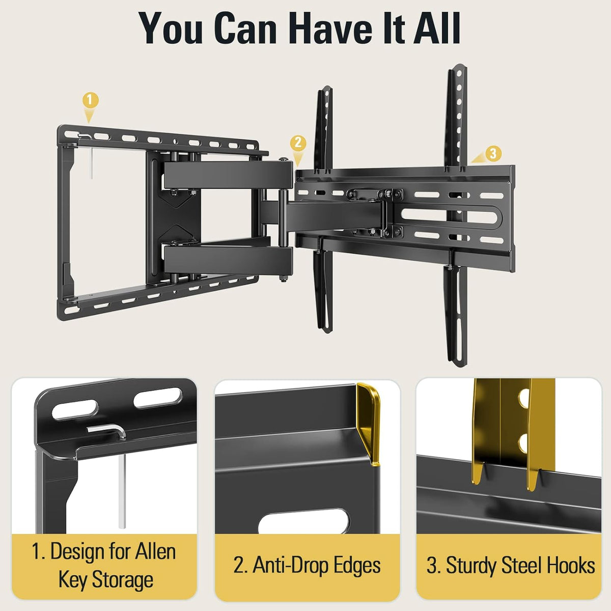 Front view of a black full‑motion TV wall mount with numbered callouts and three close-up detail panels below.