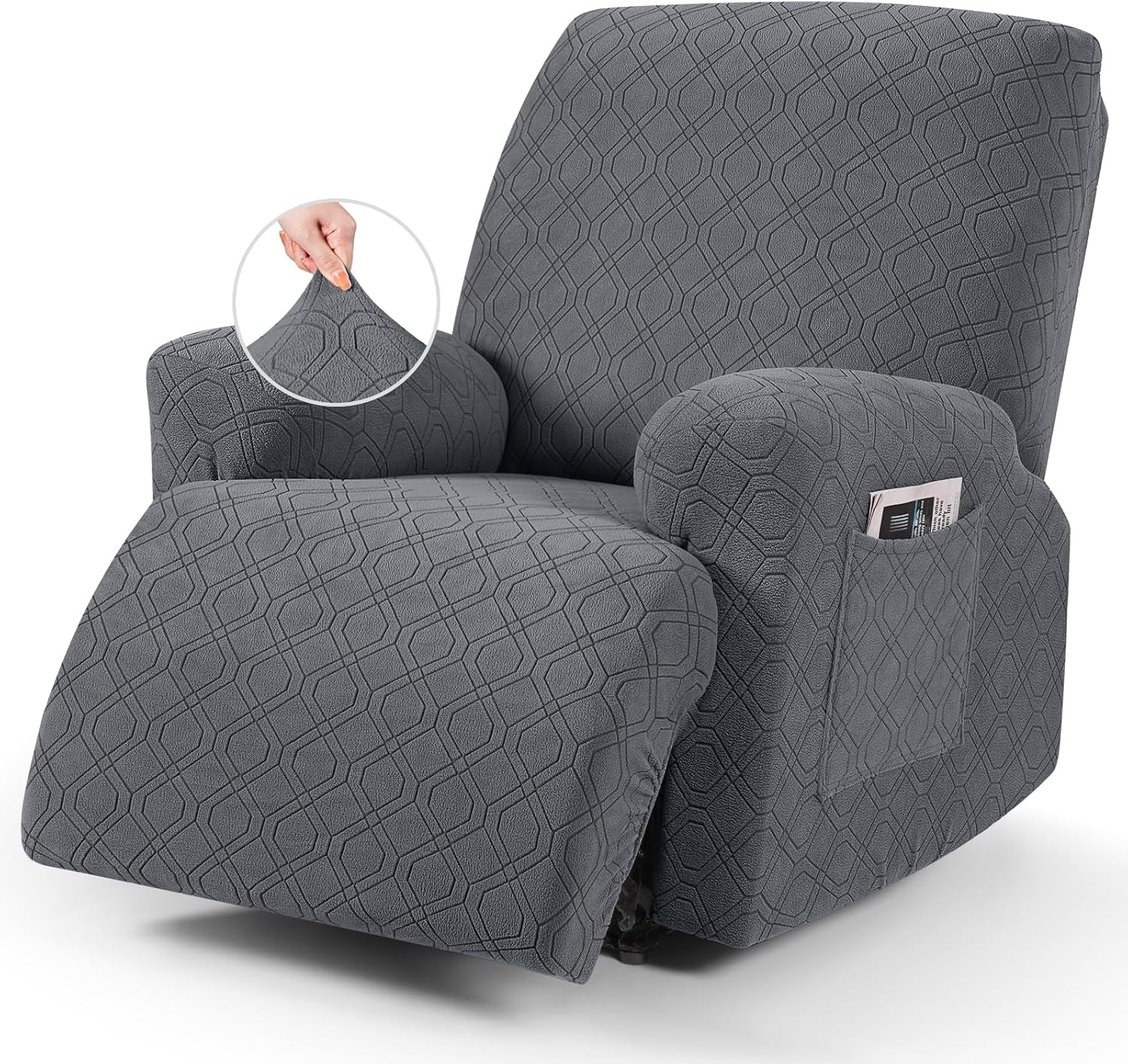 Light gray textured recliner cover on a reclining chair, footrest extended and arm pocket visible; inset shows fabric