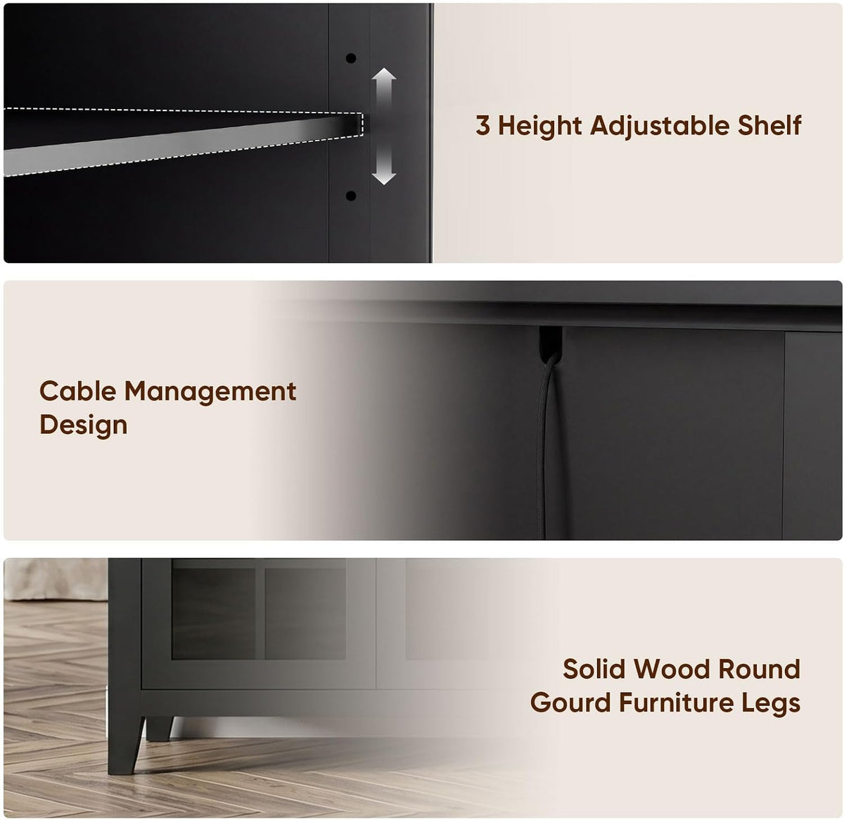 Three horizontal panels: adjustable shelf inside, rear cable-management slot, and close view of tapered wood legs.