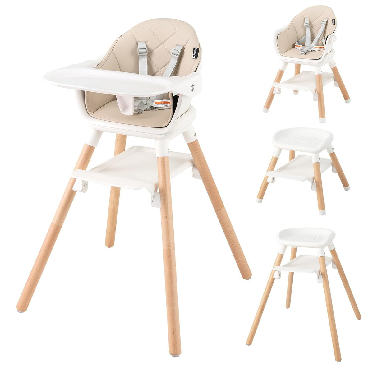 Beige padded convertible highchair on beech legs shown with double tray and smaller stool configurations.