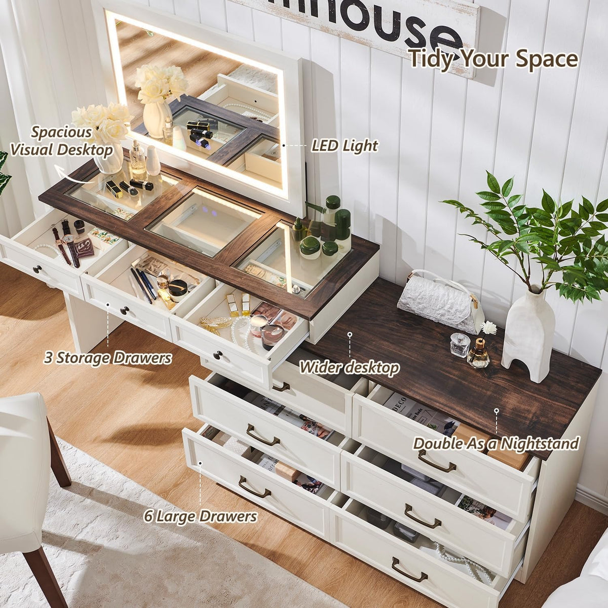 Top-down staged view of the vanity showing tempered glass desktop, illuminated mirror and labeled storage features.