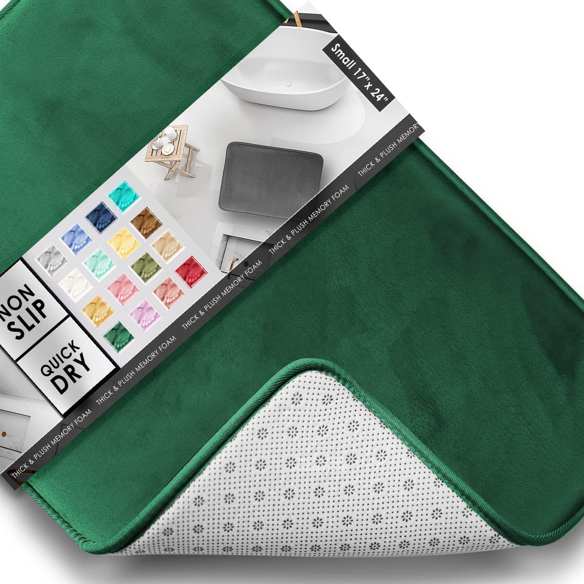 Green rectangular rug corner flipped to show white dotted non-slip underside and packaging color swatches.