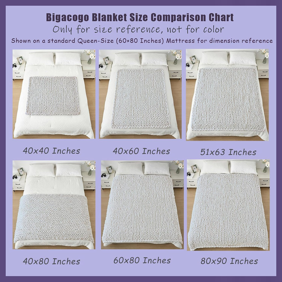 Overhead layout showing three sizes of a chunky knit throw displayed on a bed for size comparison.