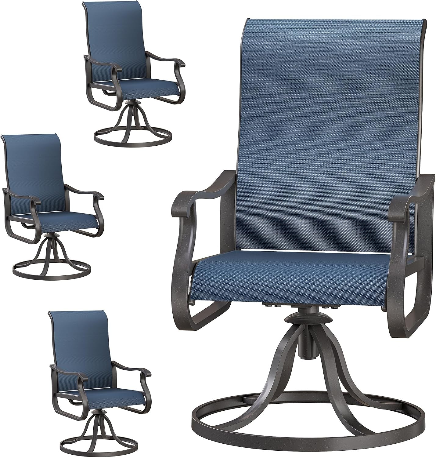 Blue high-back outdoor swivel rocking chair with dark metal frame shown large and three smaller views