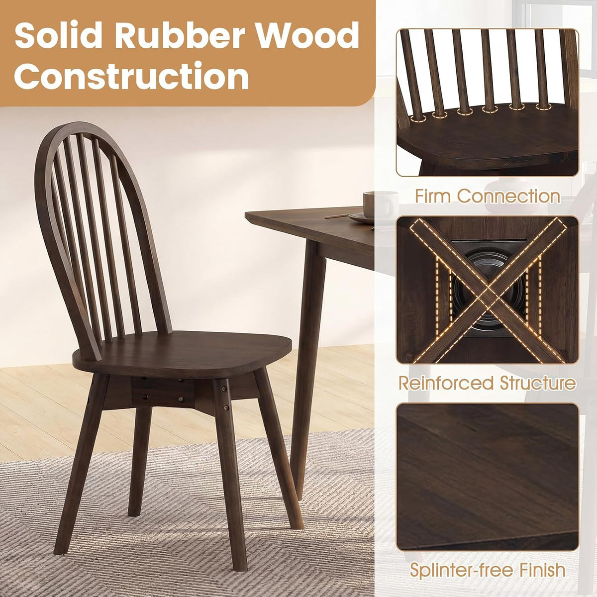 Single dark wood spindle-back chair beside a wooden table, right column shows inset close-ups of seat joint and finish.