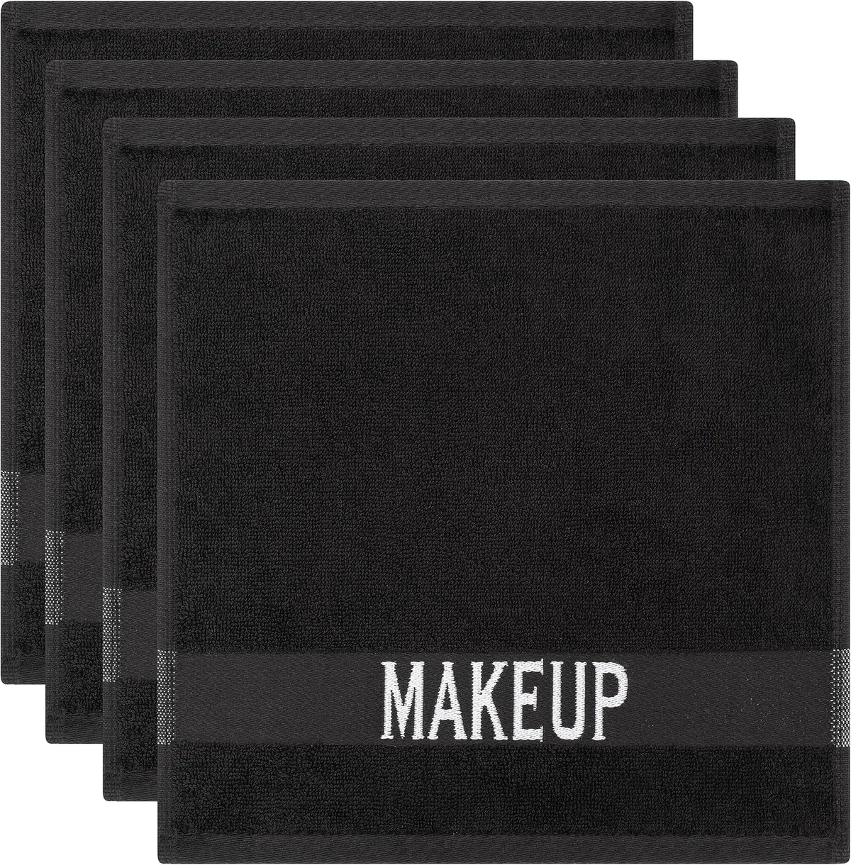 Four black square towels laid flat in a staggered stack showing a horizontal decorative band across each