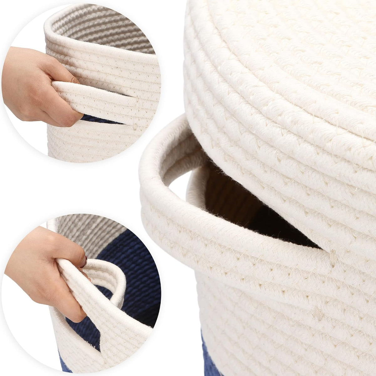 Close-up of white woven cotton rope texture and padded carry handles with lid edge detail
