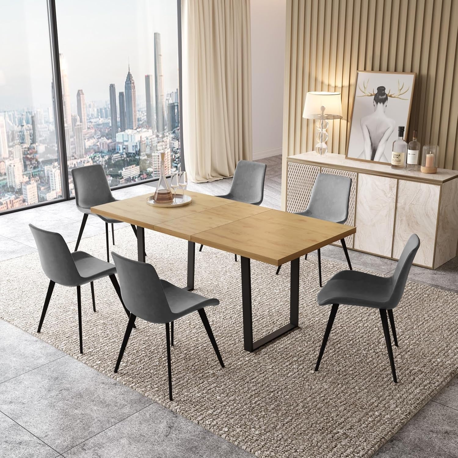 Rectangular dining table paired with six gray upholstered chairs in a high-rise dining space with city views.