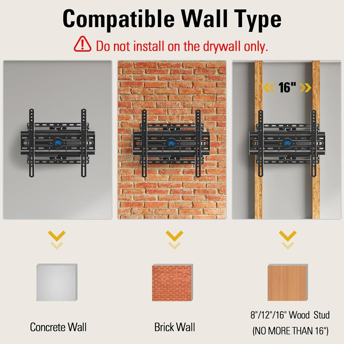 Three illustrated wall examples (concrete, brick, and wood studs) each with the black TV mount attached.