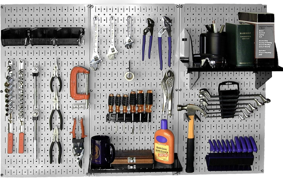 Silver pegboard front view with tools hung neatly: sockets, pliers, screwdriver set, hammer and purple mug