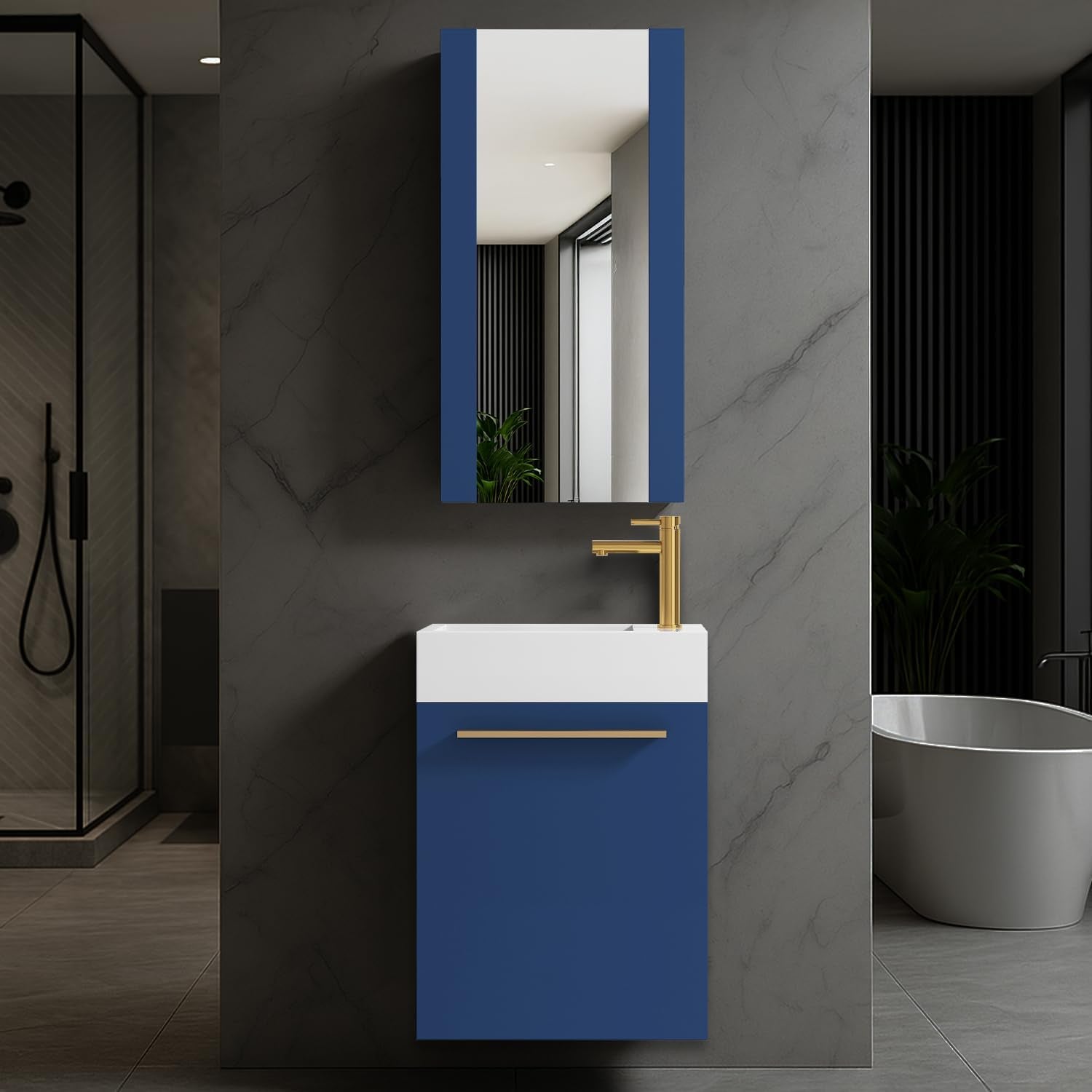 Wall-mounted narrow blue vanity with white sink and gold faucet under a matching blue-framed mirror.