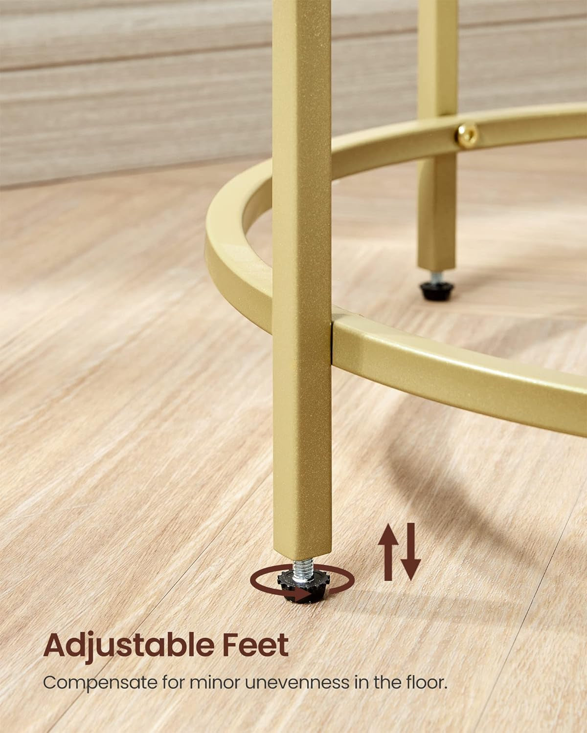 Lower leg and circular stretcher ring showing an adjustable threaded foot on wood floor.