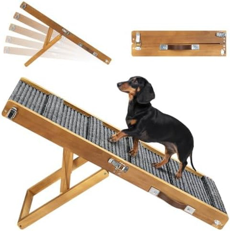 Light-wood ramp shown in multiple support-leg angles plus a dachshund using the ribbed carpeted surface