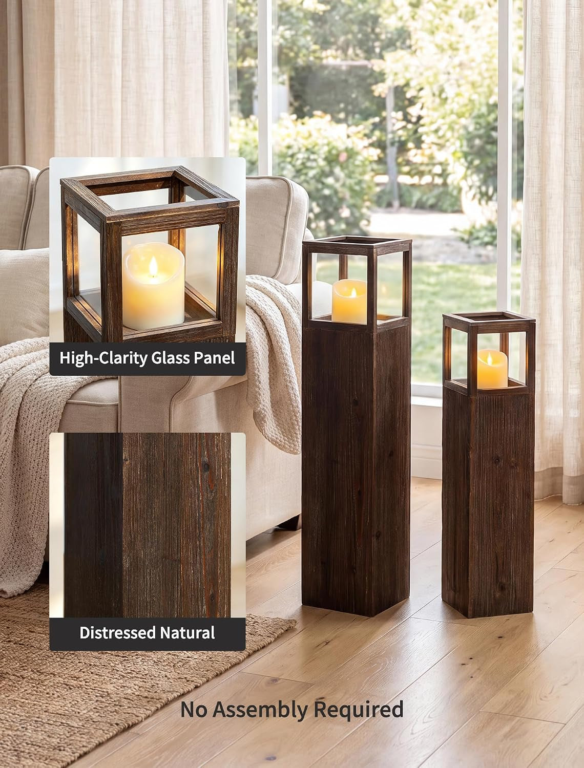 Close-up of lantern top showing clear glass panels and distressed natural fir finish with an LED candle inside