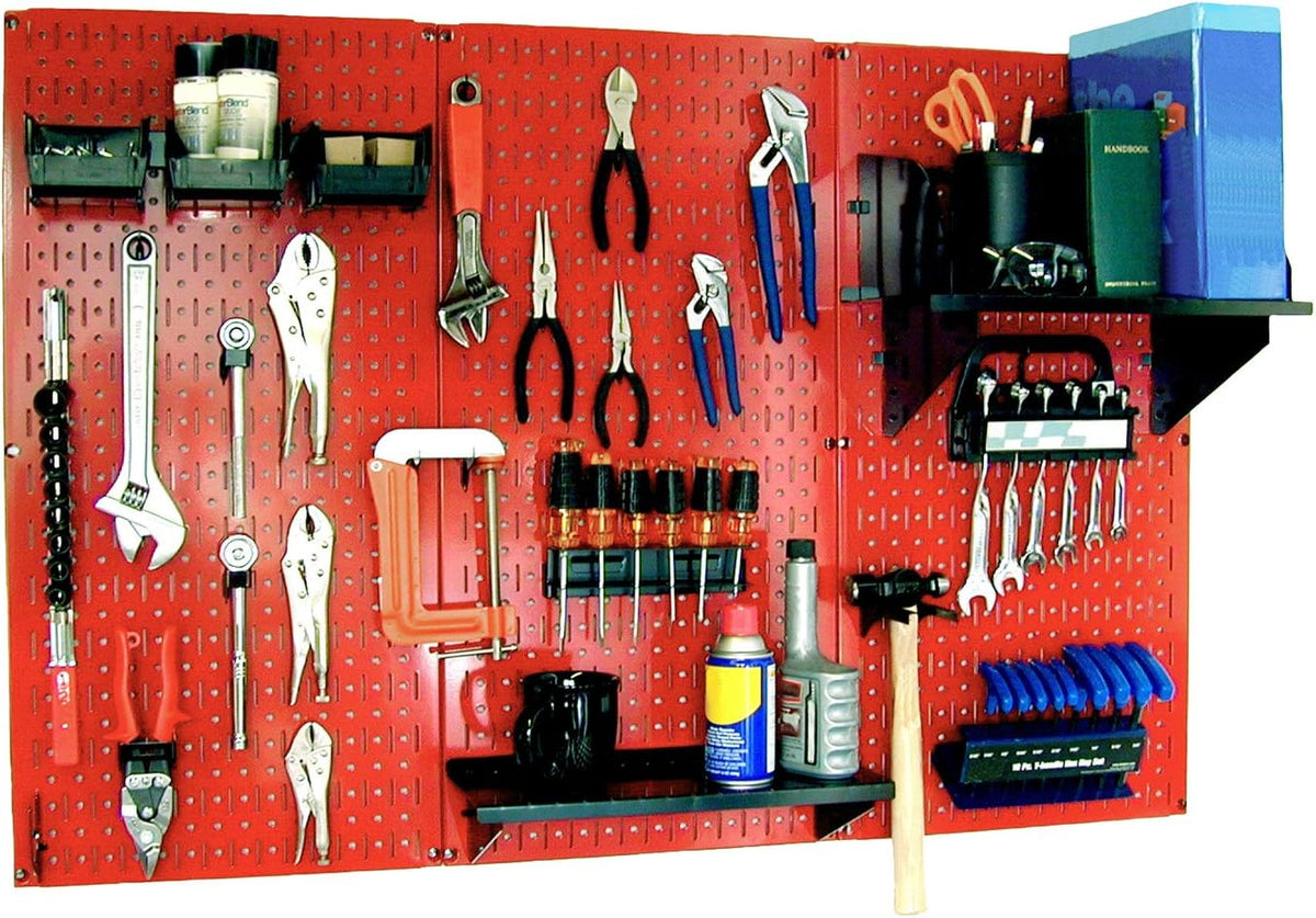 Three red pegboard panels filled with hanging hand tools, shelves and small parts bins.