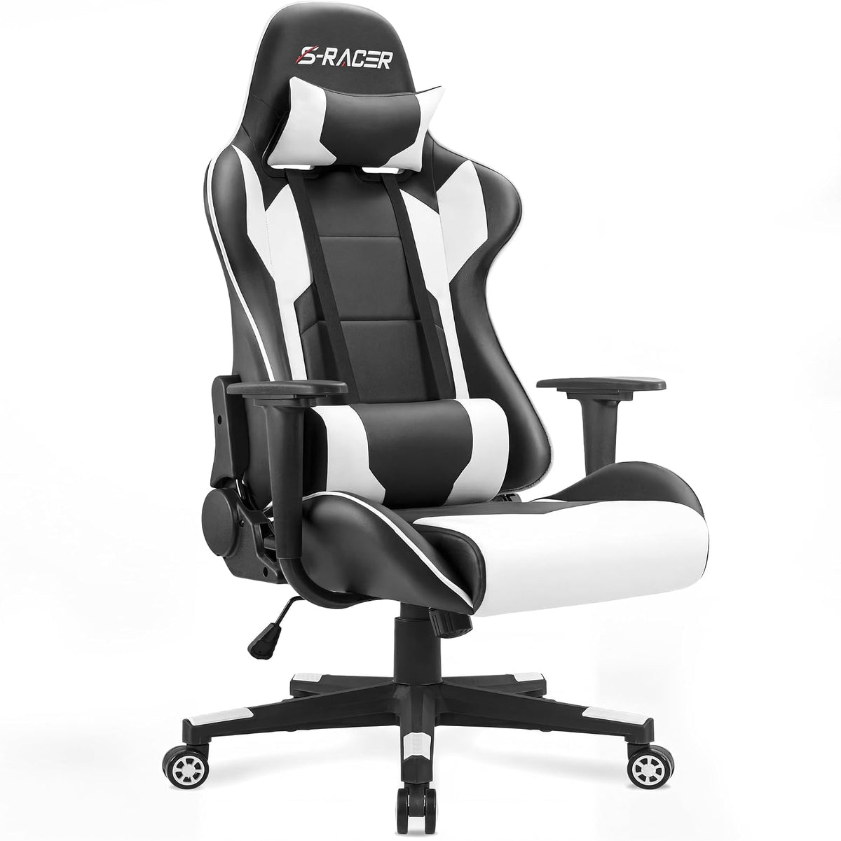 Black and white PU leather high-back office chair angled front view with headrest and lumbar pillow