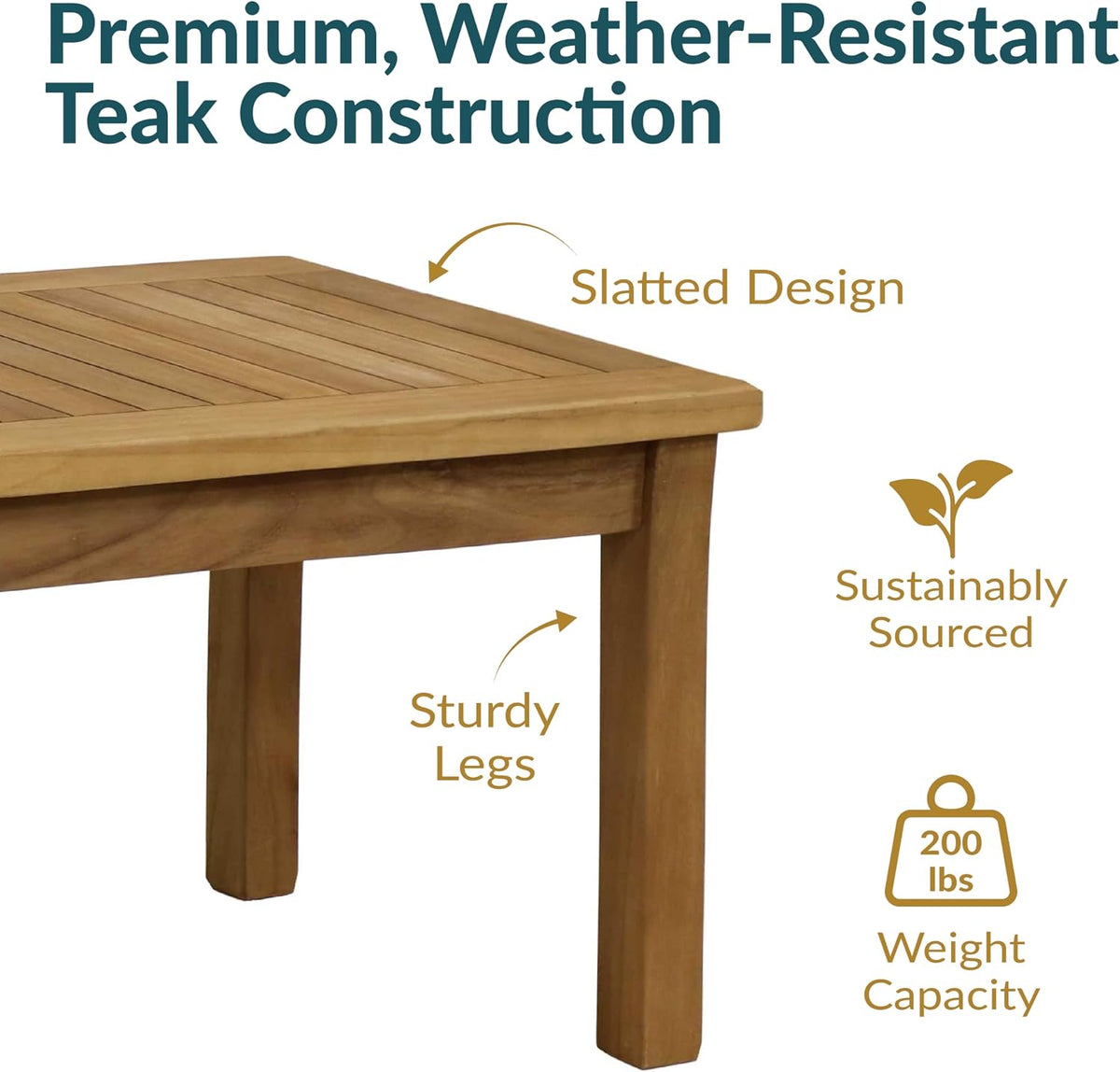 Close-up of a table corner and leg showing slatted tabletop and sturdy square leg in a light brown teak finish