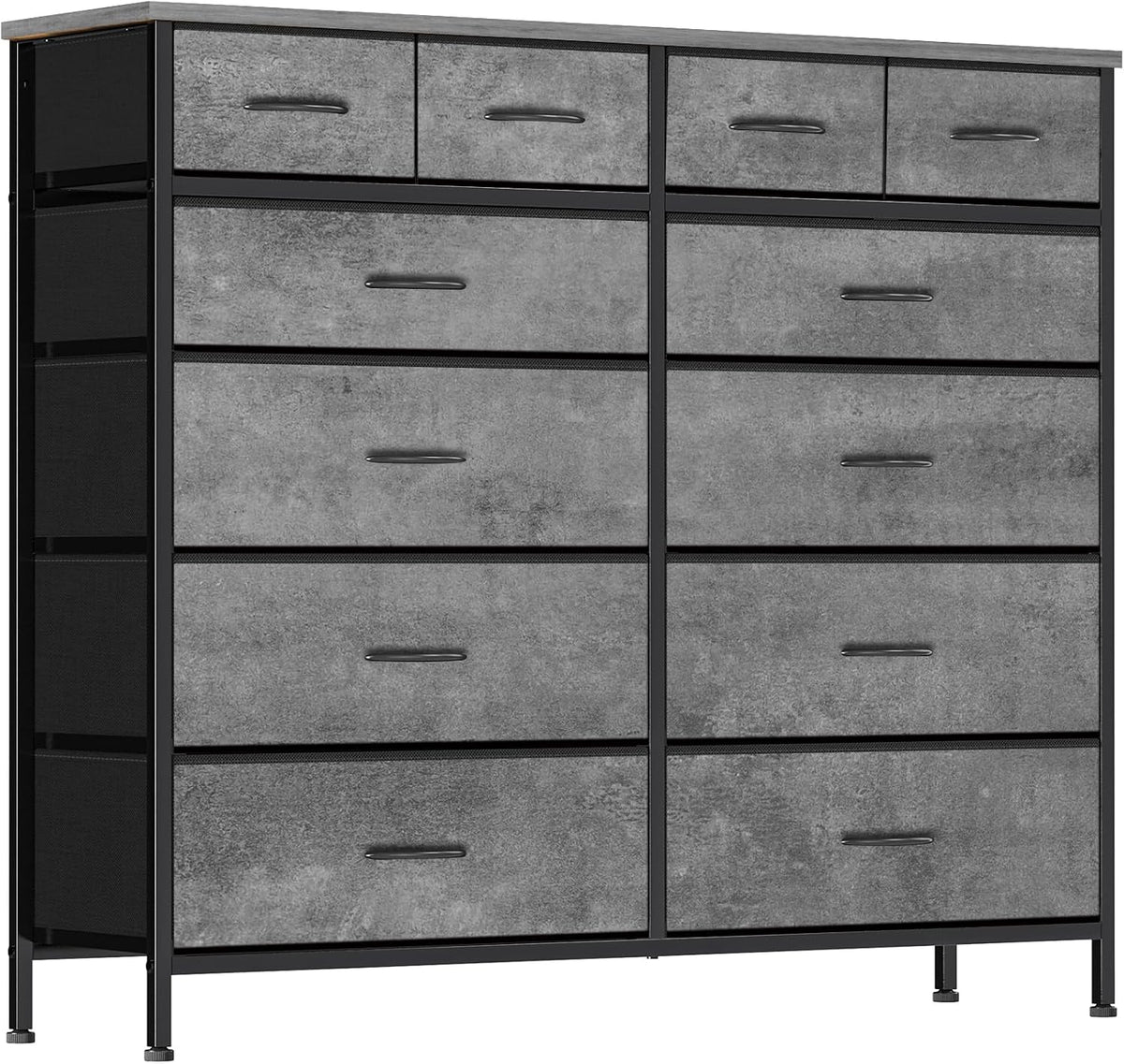 Front view of the same tall dresser with twelve gray concrete-look fabric-front drawers and a gray top