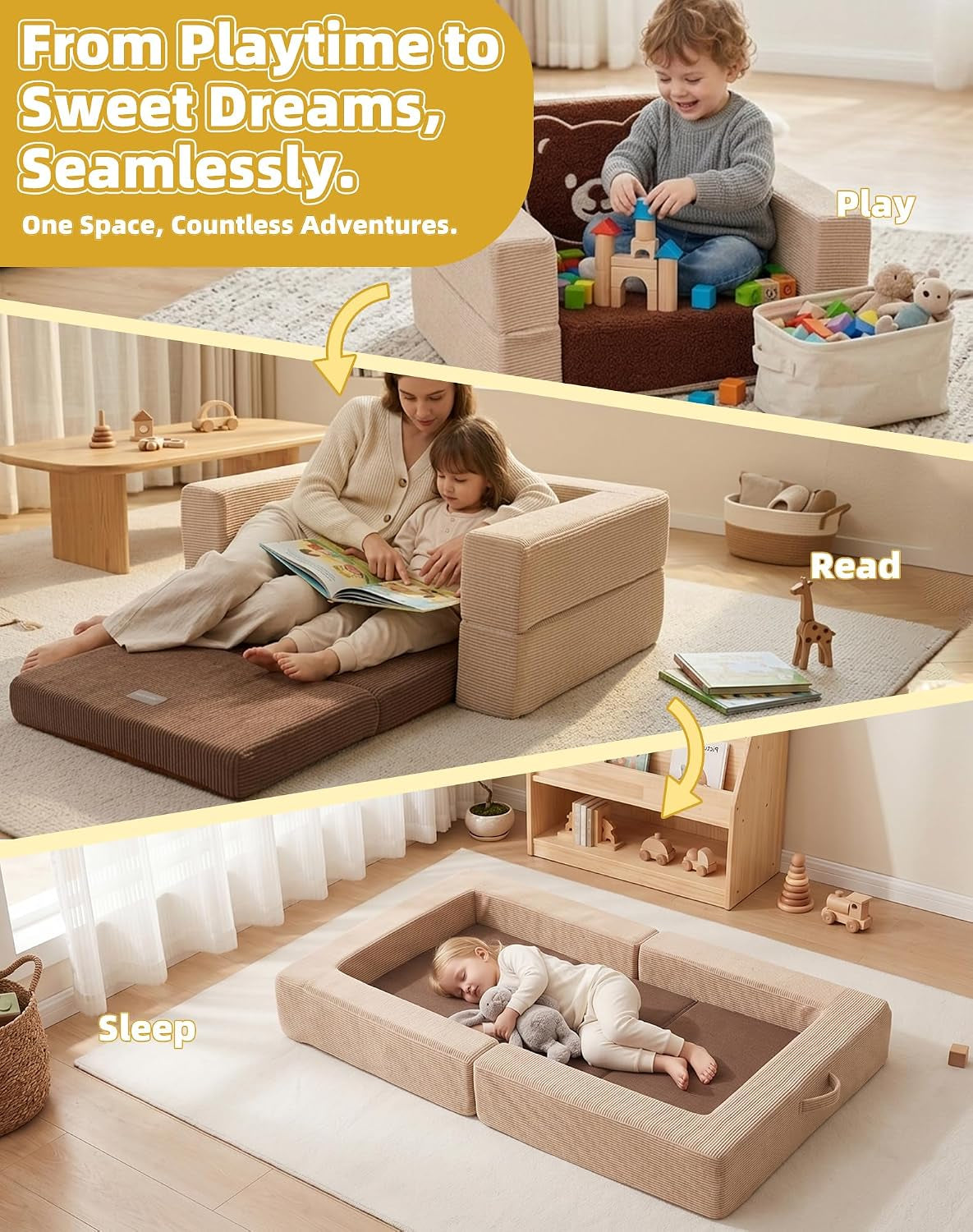 Three stacked scenes: toddler playing on the sofa, mother reading with child, and a toddler sleeping inside the unfolded