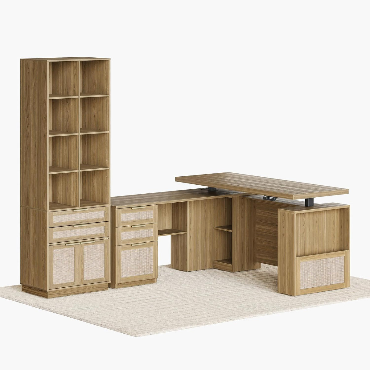 Natural oak L-shaped height-adjustable desk set with a 73-inch tall bookcase and rattan-style drawer fronts, angled studio-fo