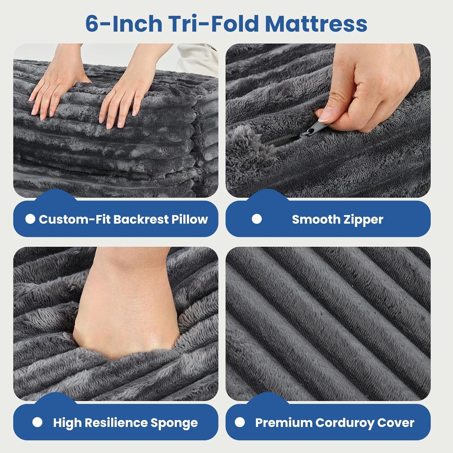 Close-up grid showing backrest pillow, zipper, foam resilience and corduroy cover texture