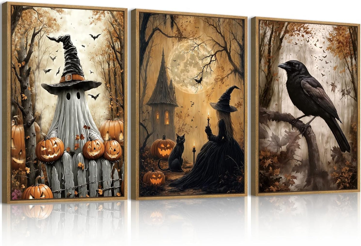 Triptych Halloween-themed prints: a ghost with pumpkins, a seated witch and cat by jack-o'-lanterns, and a perched crow.
