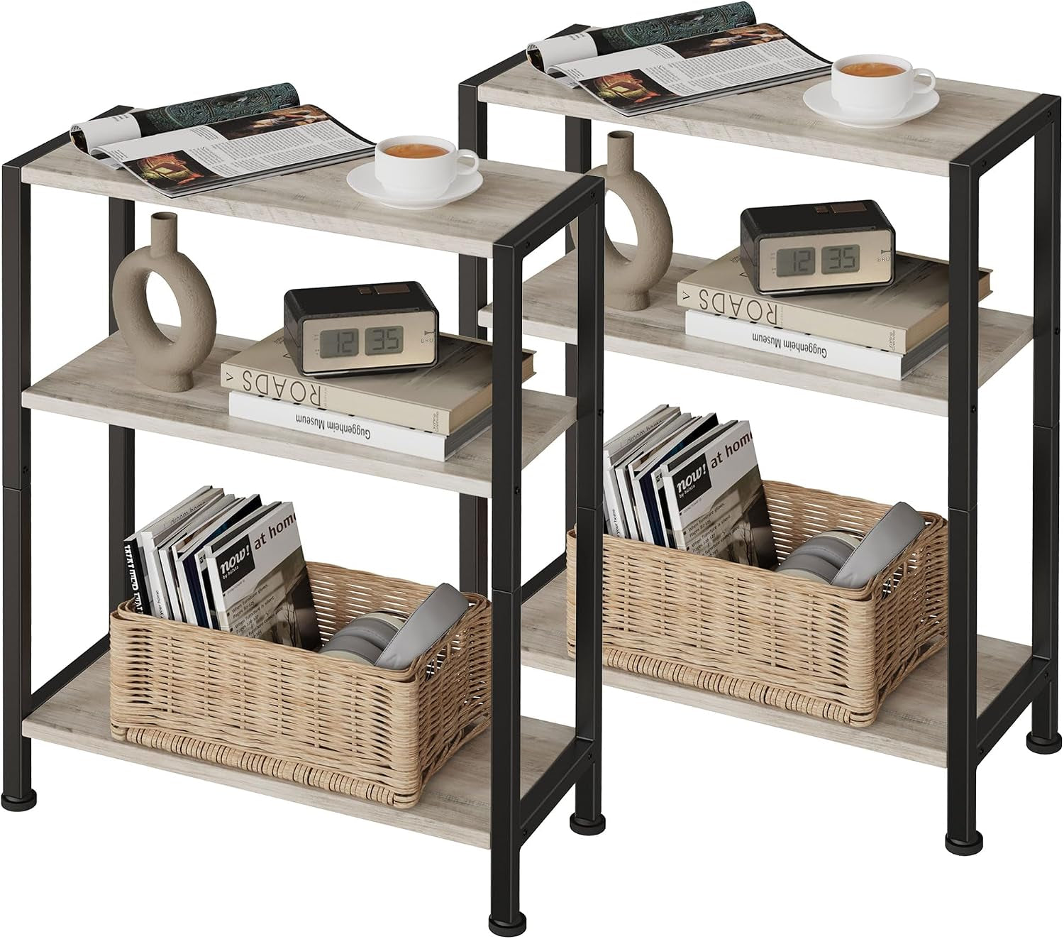 Pair of narrow three-tier side tables with light wood shelves and black metal legs, accessorized.