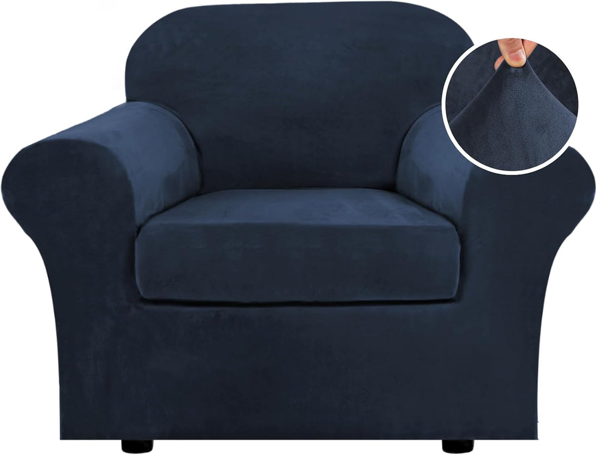 Front-facing single armchair in deep navy stretch velvet with a circular inset showing fabric stretch