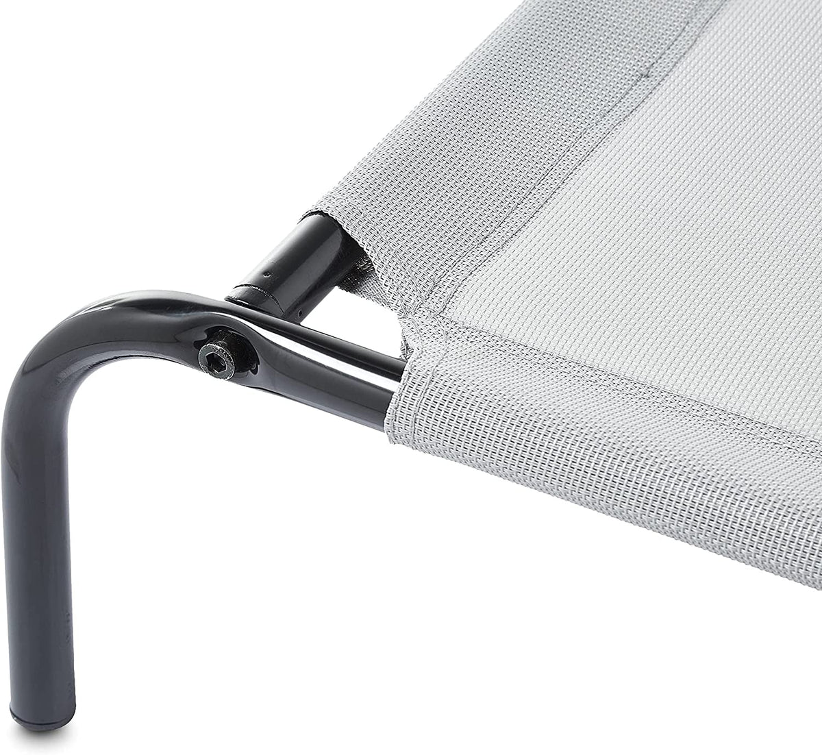 Close-up of a grey mesh corner and black iron frame showing stitching and a visible screw at the joint