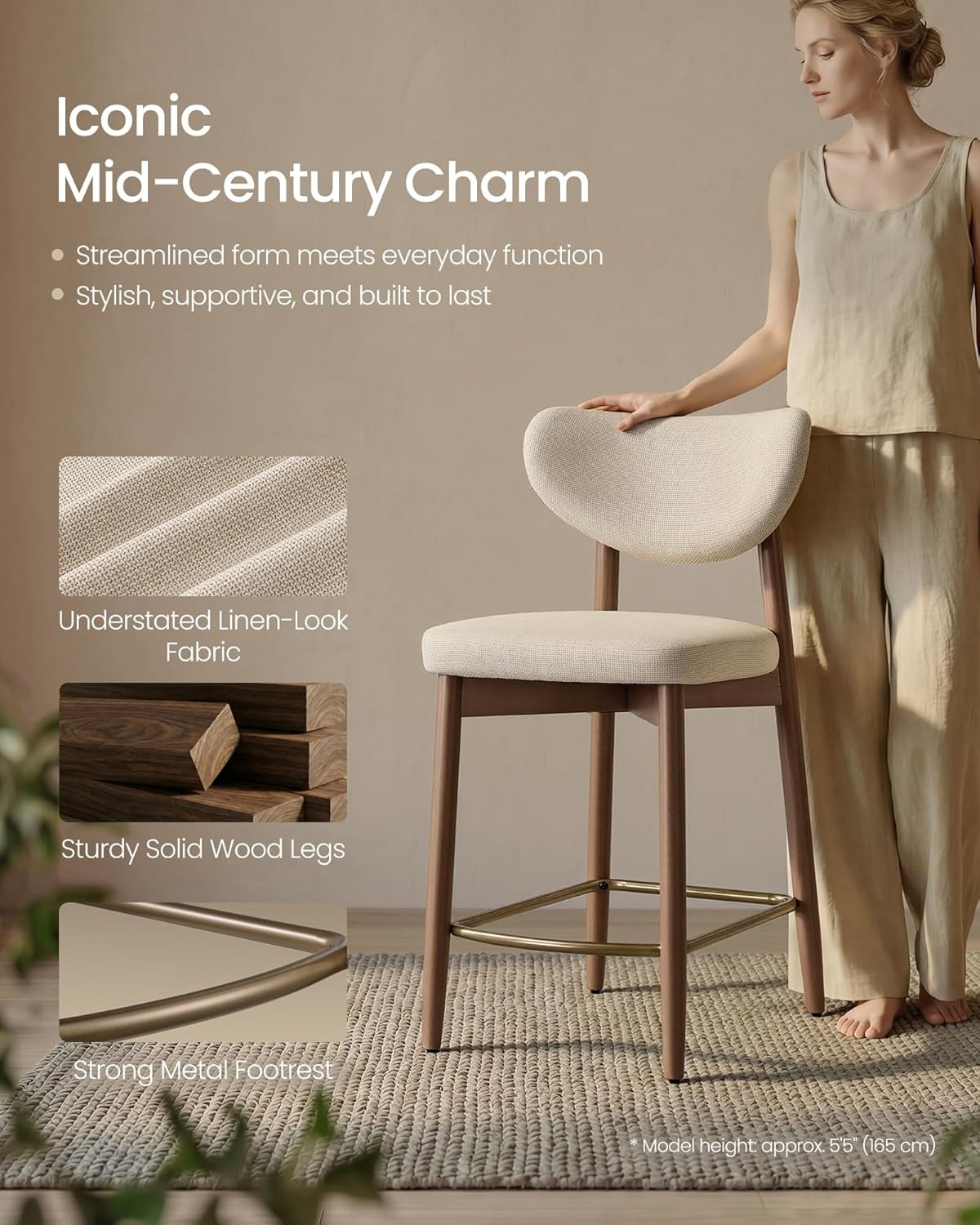 Feature collage showing linen-look fabric swatch, solid wood leg detail and metal footrest close-ups beside a stool.