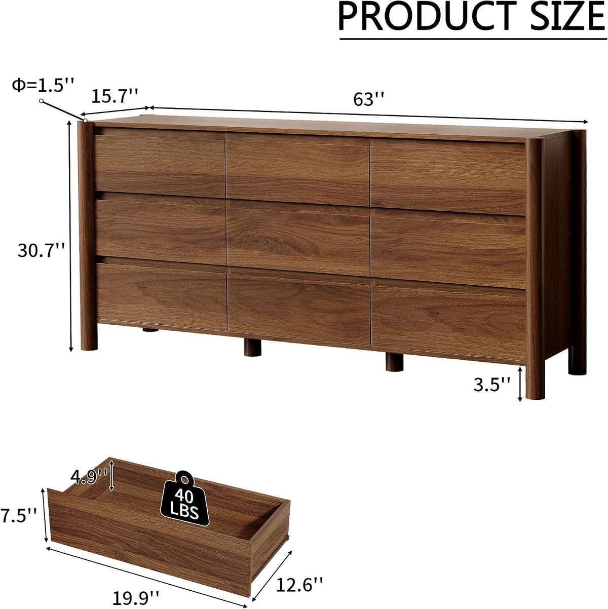 Walnut-finish nine-drawer dresser shown in a dimension diagram