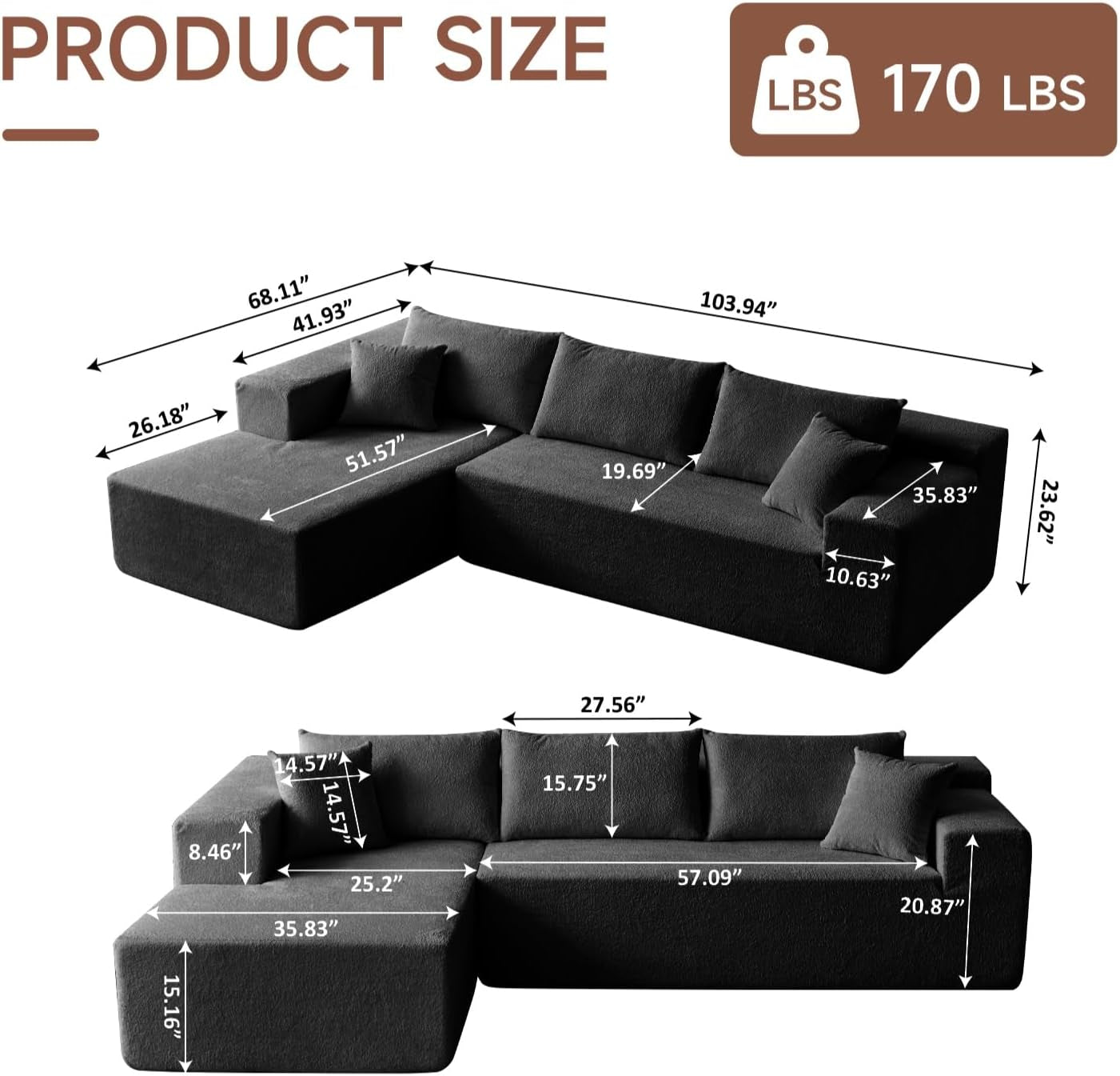 Diagram of the sectional showing measured dimensions and chaise depth in black upholstery