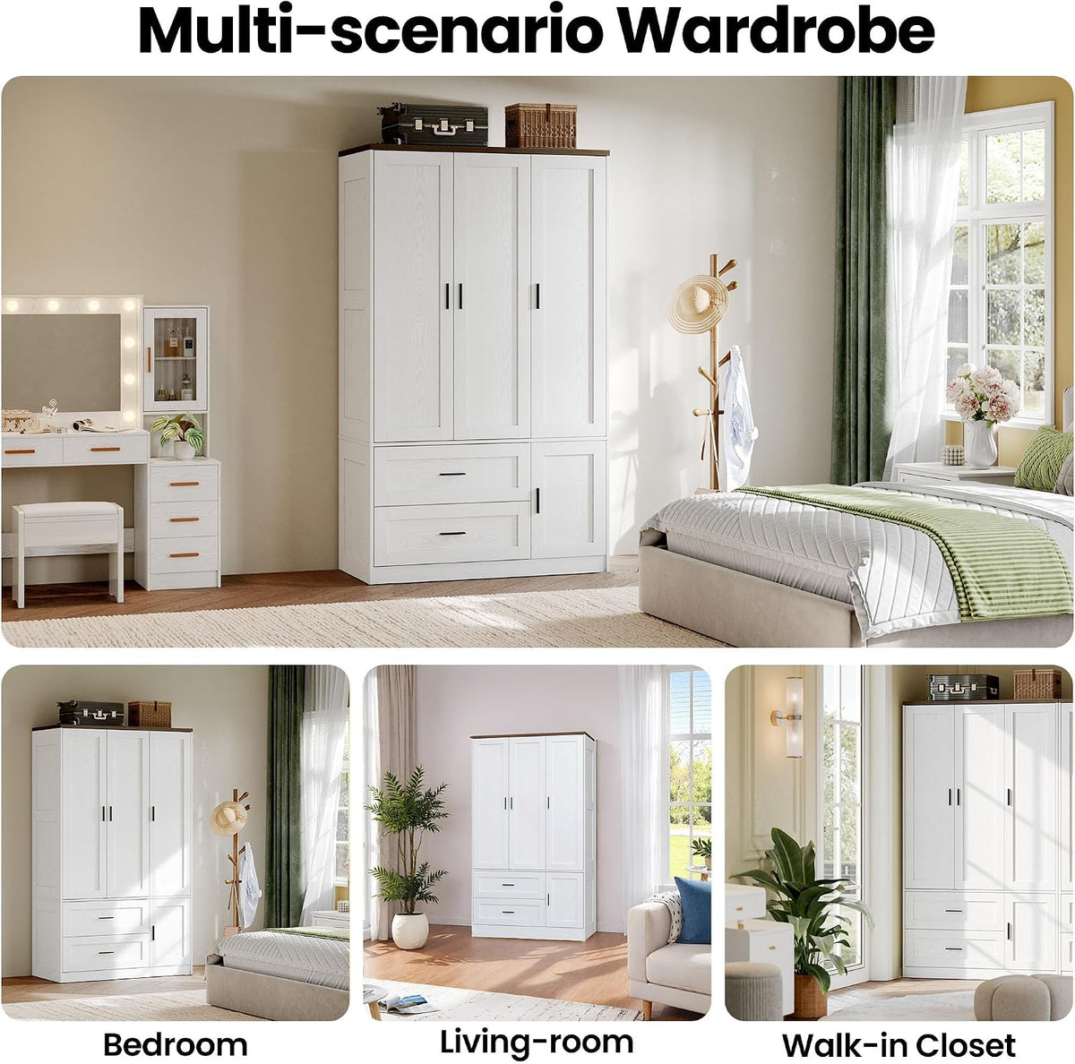 Collage of three room scenes showing the wardrobe placed in a bedroom, living room and walk-in closet.