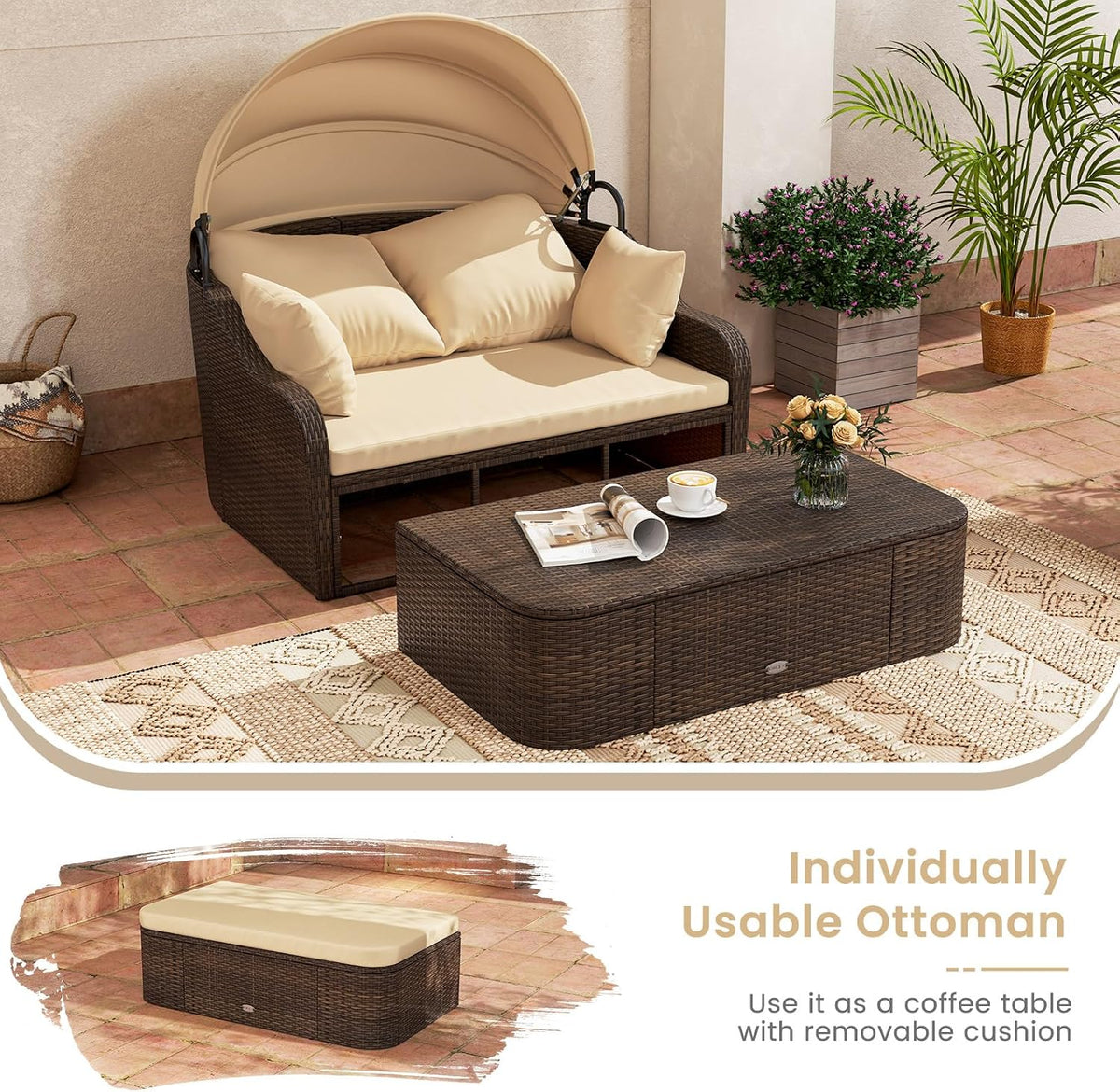 Brown rattan daybed with canopy and separate ottoman arranged on a tiled patio