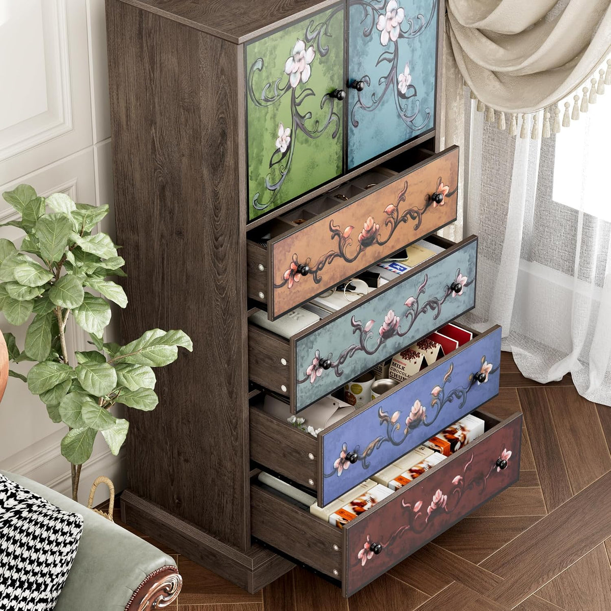 Angled close view of the dresser with several drawers open showing internal storage of the painted floral drawer fronts