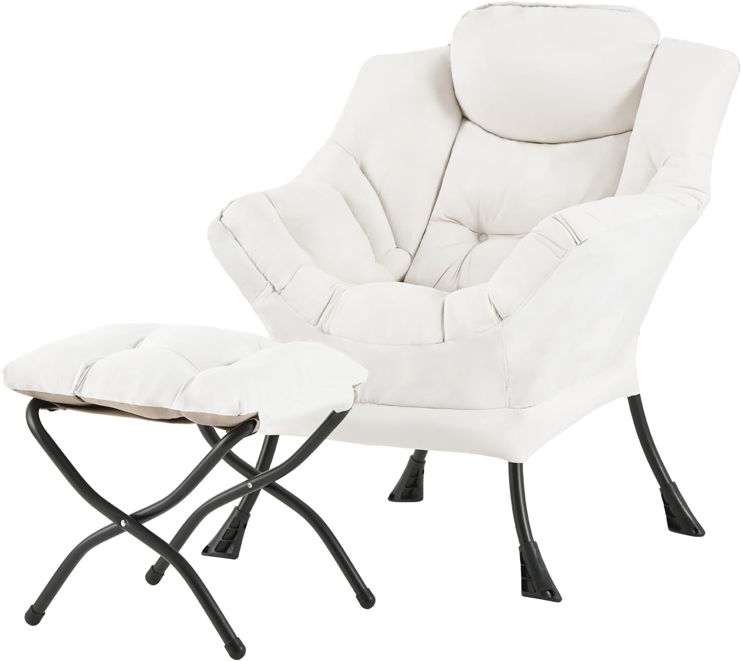 Cream-colored cushioned lounge chair and matching ottoman featuring tufted padding and black metal legs.